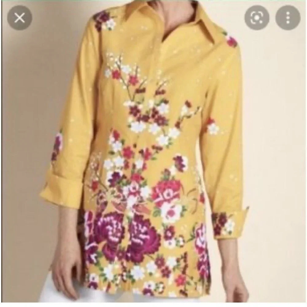 Soft Surroundings Tunic Top Size S Emiko Shirt Yellow Floral Print Button Front